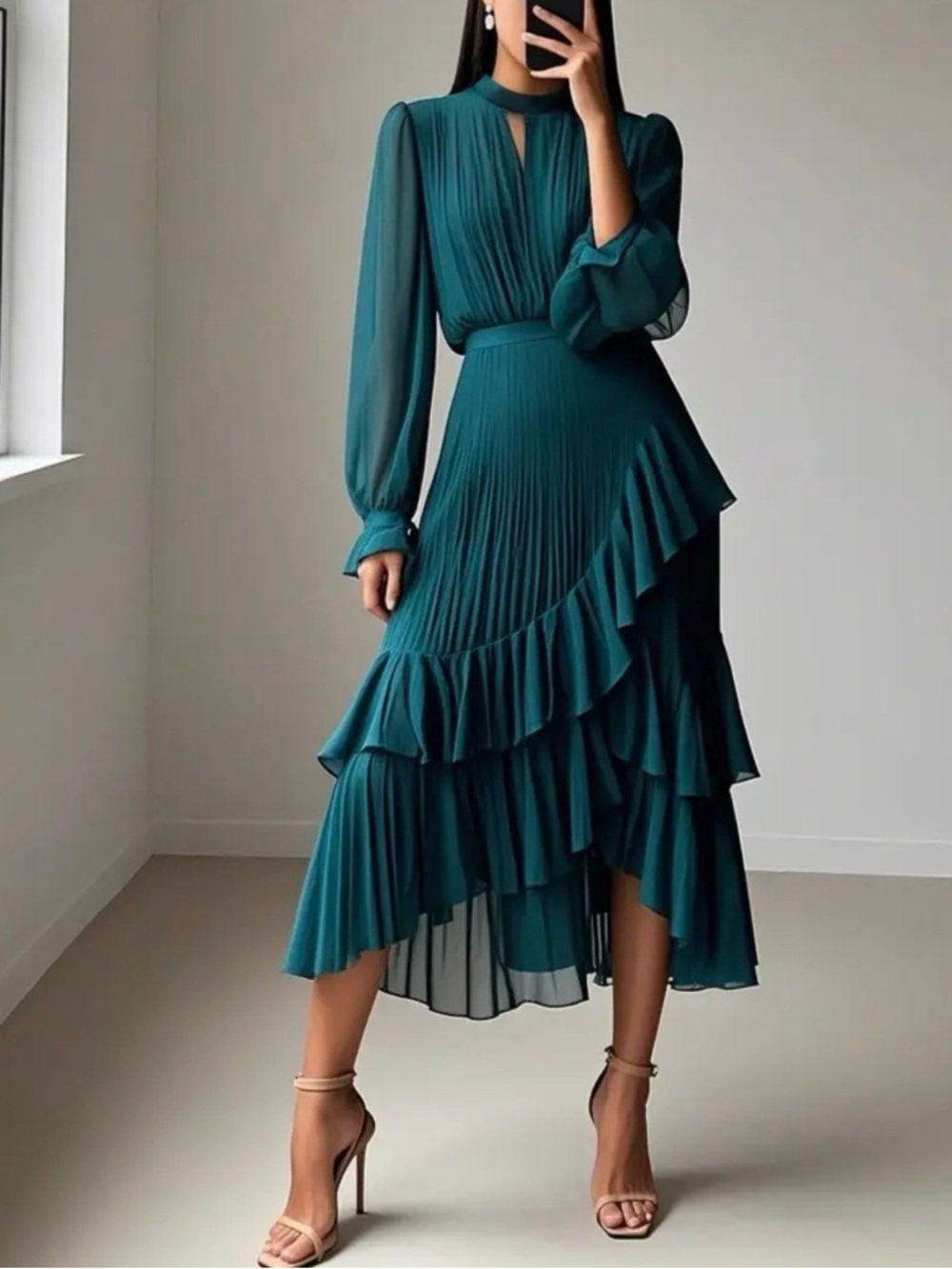 Chiffon Ruffled Midi Dress in Teal